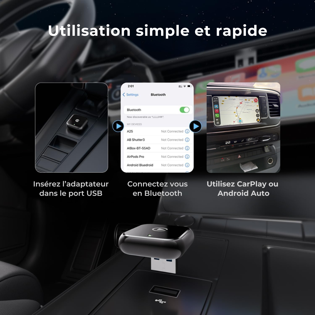 Mini Adaptateur Sans Fil 2-en-1 (CarPlay & Android Auto)